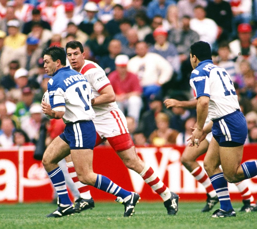 Forward Dean Pay on the charge, who would go on to score the match-winning try against the Dragons.