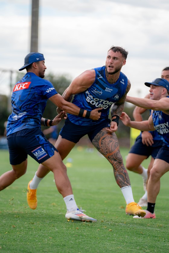 Primed and ready for a big 2025, Bronson Xerri bursts through the defence at training after getting a ball away.