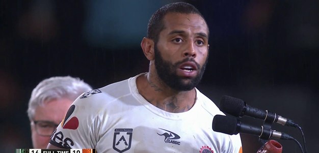 Josh Addo-Carr speaks from the podium